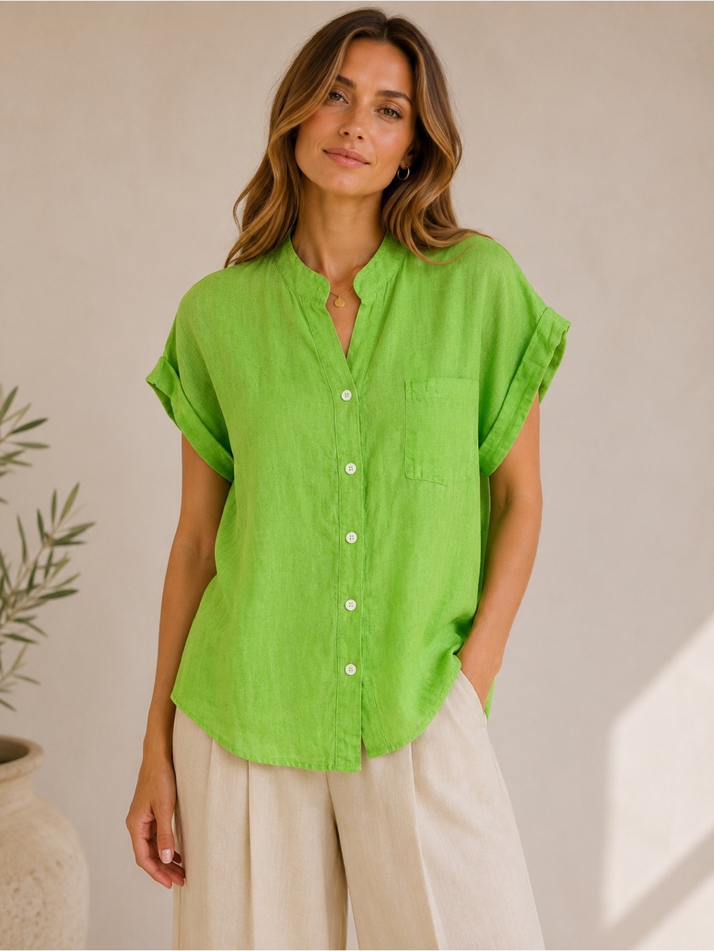 Made in Italy 100% Linen Button Front Blouse | Neon Green Roll Sleeve Top